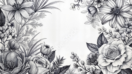 Wallpaper Mural Grayscale floral border with hand-drawn botanical illustration Torontodigital.ca