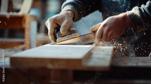 Carpenter cutting wood with a circular saw. Featuring power tools and precise cuts
