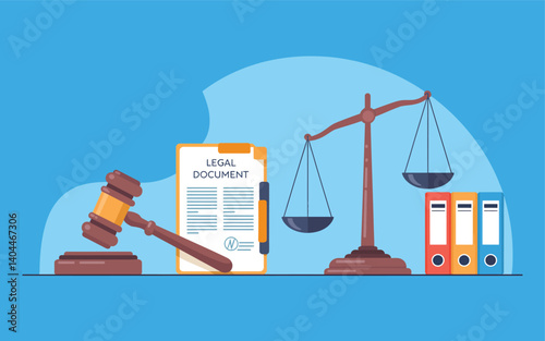 Legal Documents and Justice Icons with Scales Gavel Law Books and Contract on Blue Background in Flat Design Vector Illustration