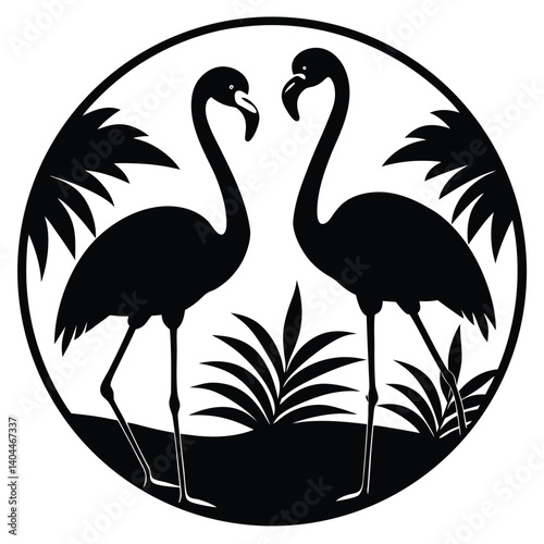 Black Silhouette Flamingo Birds in a Circle Tropical Scene, Elegant Vector Art, Minimalist Design, Nature Illustration, Decorative Element