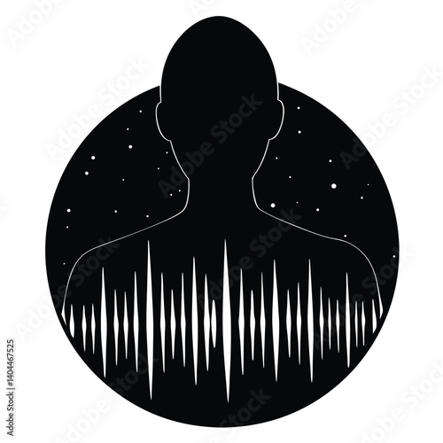 Silhouette of a Person with Sound Wave Chest, Black and White Art, Cosmic Background, Abstract Design, Minimalist Illustration
