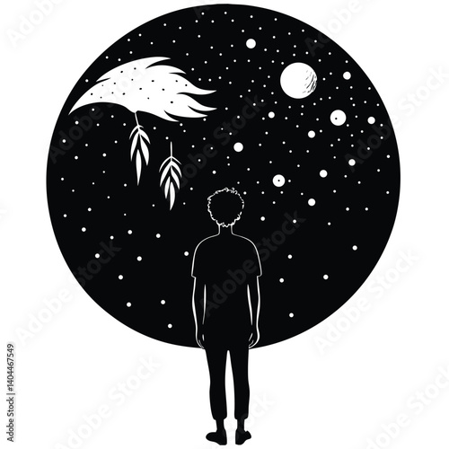 Black and White Silhouette Art: Person Gazing at Dreamcatcher in Starry Night Sky, Minimalist Illustration