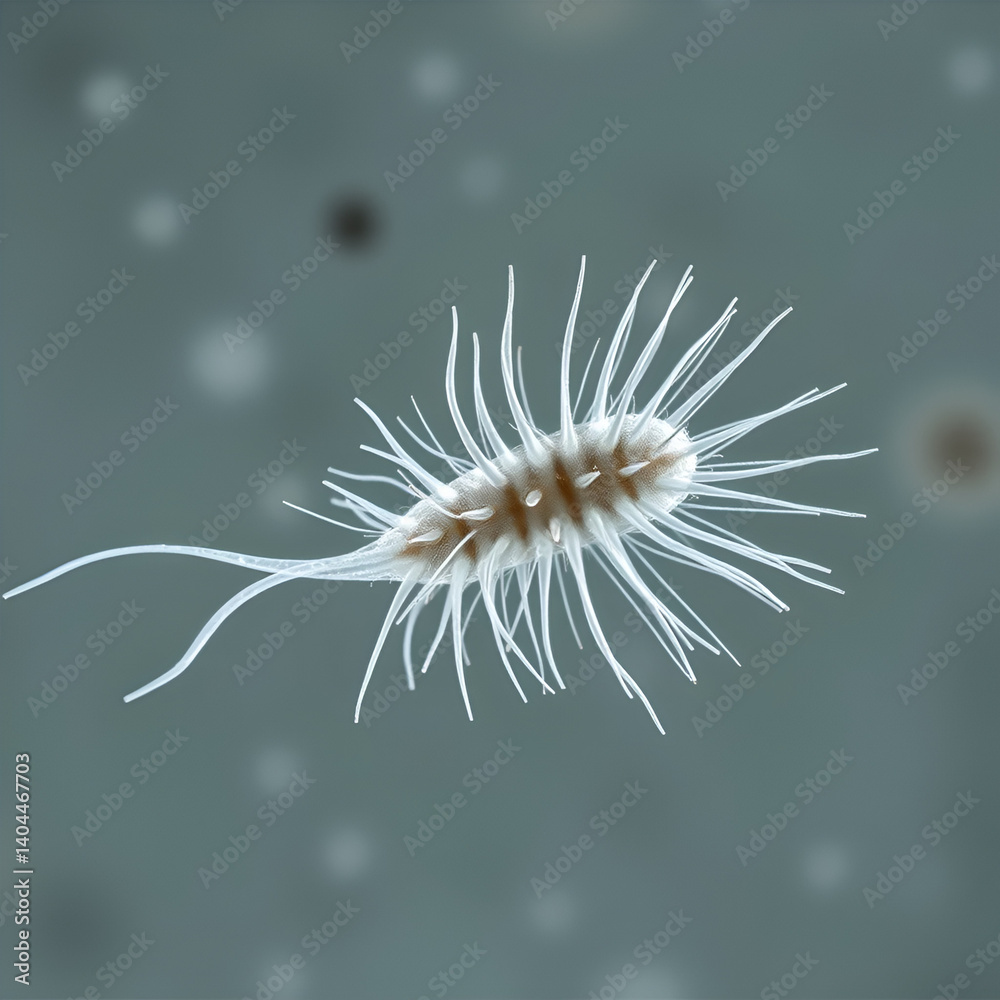 Fototapeta premium Detailed microscopic view of a ciliated paramecium in motion