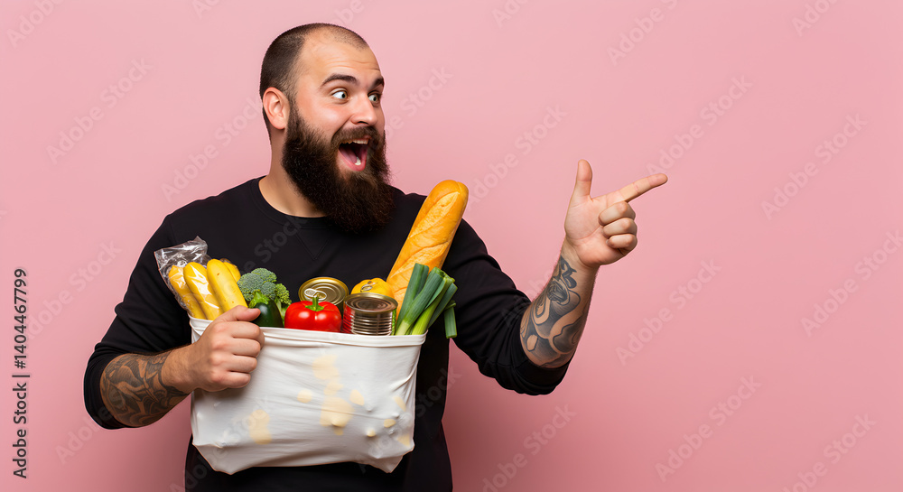 Cheerful Bearded Man Holds Groceries Bag Pointing Right in Studio Against Pink Background Cheerful Bearded Man Holds Groceries Bag Pointing Right in Studio Against Pink Background