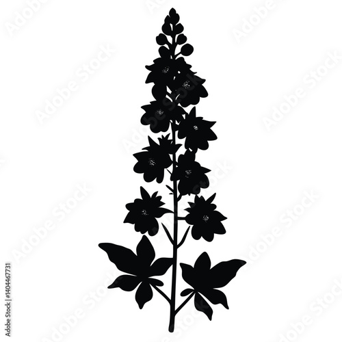 Black Silhouette of a Tall Delphinium Flower with Blossoms and Leaves, Botanical Illustration, Floral Design, Vector Art