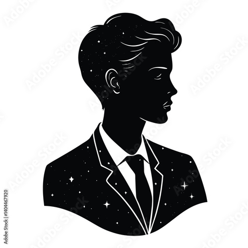 Elegant Silhouette Portrait: Man in Suit with Cosmic Starry Sky Hair and Jacket Design, Vector Art