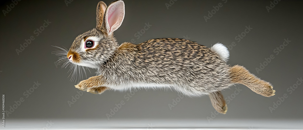 Obraz premium A Brown Spotted Rabbit Leaping Gracefully Against A Gray Gradient Backdrop In A Studio Setting