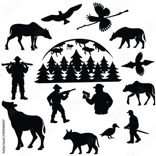 Black Silhouette Hunting Scene: Wildlife, Hunters, Forest, Birds, Animals, Guns, Outdoors, Vector Art, Hunting Season