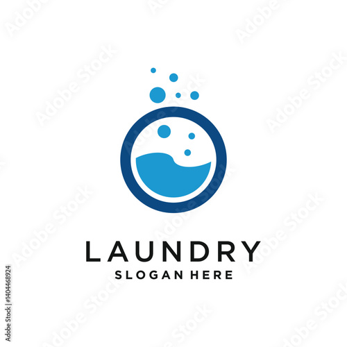 Modern laundry logo with blue water bubbles and washing machine icon