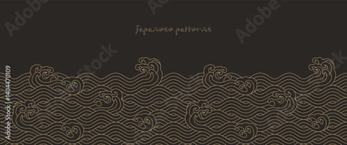 Japanese sea wave background vector. Seamless wallpaper design with gold and black ocean wave pattern backdrop