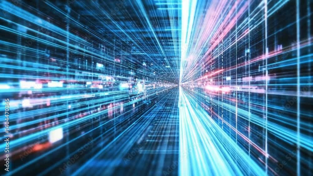 Futuristic Data Stream Visualization: Blue and Red Light Trails in a Digital Corridor Futuristic Data Stream Visualization: Blue and Red Light Trails in a Digital Corridor