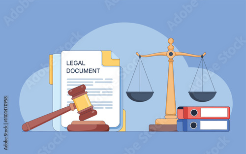 Legal document with justice scales and judges gavel vector flat design with law books and courtroom symbols on blue background for legal profession and education illustration