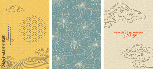 Japanese wallpaper design background vector. Hand drawn wallpaper design with ocean wave, clouds and cherry blossom pattern backdrop