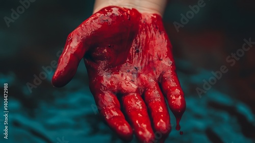 A human hand is covered with copious amounts of vibrant red liquid