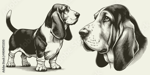 Basset Hound dog illustration Set. Hand Drawn Pen and Ink. Vector Isolated in White. Engraving vintage style drawing for print, tattoo, t-shirt 