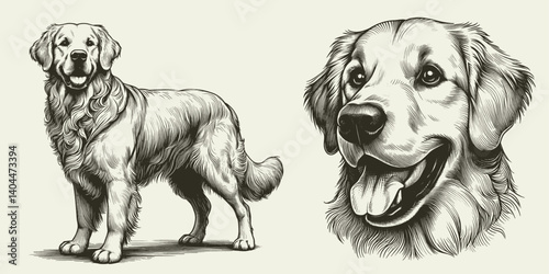 Golden Retriever dog illustration Set. Hand Drawn Pen and Ink. Vector Isolated in White. Engraving vintage style drawing for print, tattoo, t-shirt 