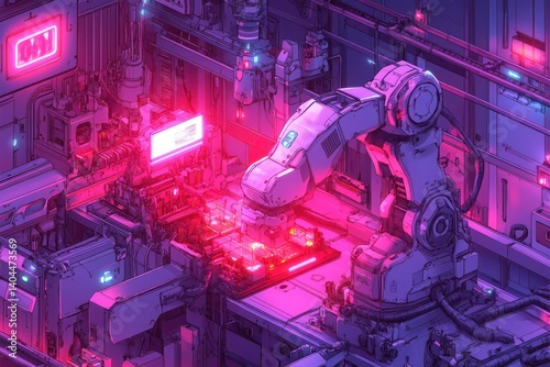 Neon-Lit Futuristic Factory: A Robotic Assembly Line in Vibrant Pink and Purple Hues