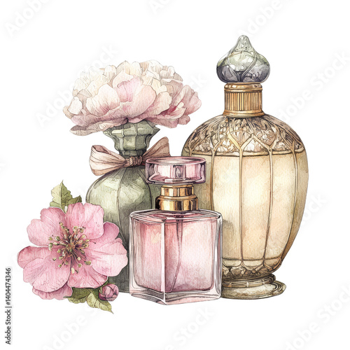 Vintage Perfume Bottles and Floral Composition: A captivating still-life featuring an exquisite array of vintage perfume bottles, delicately juxtaposed with soft, blossoming flowers.