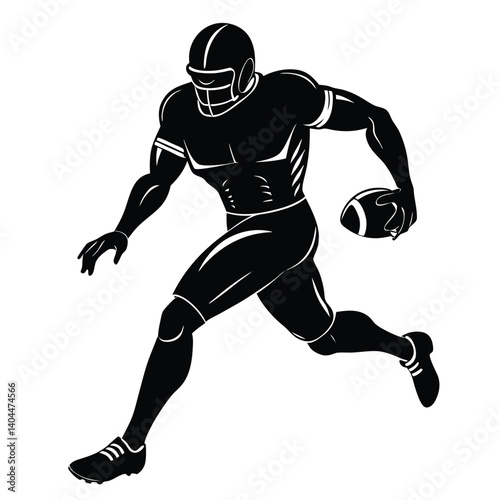 Black Silhouette of Football Player Running with Ball, Action Pose, Athletic Man, Sport Illustration