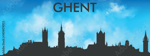 Black silhouette of the Ghent, Belgium city skyline against a realistic blue sky with white clouds