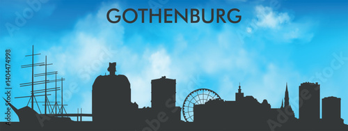 Black silhouette of the Gothenburg, Sweden city skyline against a realistic blue sky with white clouds

