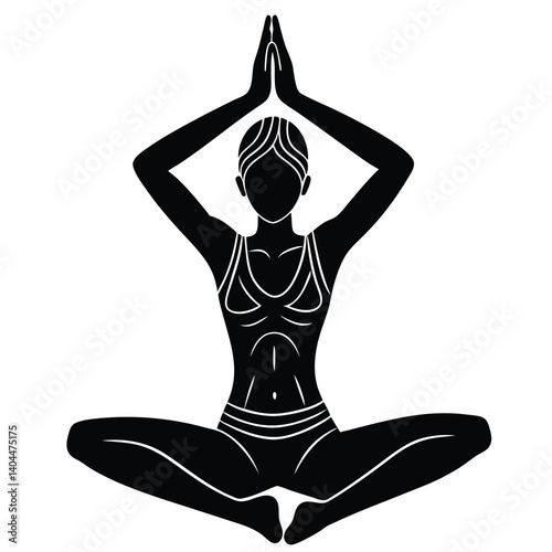 Black Silhouette Yoga Pose Illustration, Woman in Lotus Position, Hands Above Head, Fitness & Meditation