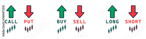 Icons for trading terms call, put, buy, sell, long, and short. Includes green and red arrows with candlestick chart symbols. Ideal for stock market, forex, and crypto visuals. Icons, vector, symbols.