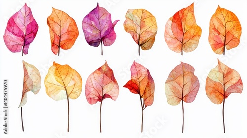 A captivating collection of watercolor bougainvillea petals, each delicately painted with vibrant hues of pink, orange, and purple The artistic renderings showcase the intricate details and delicate