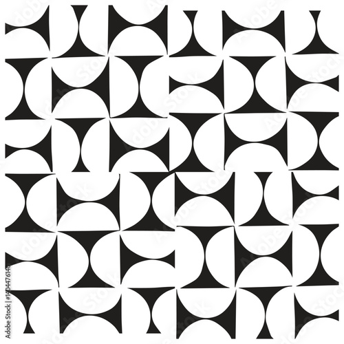 A geometric pattern featuring alternating black and white shapes resembling hourglasses and circles, arranged in a grid layout, it could be used as a wallpaper, fabric design and pillow

