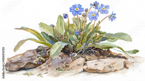 A delicate and captivating watercolor painting showcases a cluster of Forget-Me-Not flowers in various poses, rendered with exquisite detail and vibrant color The petals, a soft and inviting blue