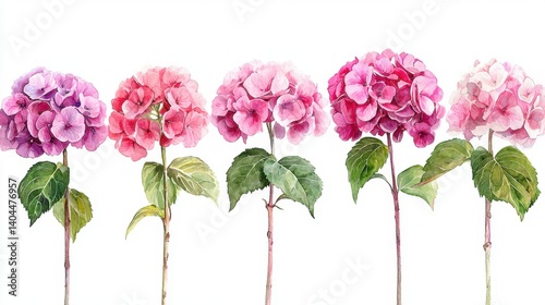 A delicate watercolor collection showcasing six hydrangea blooms, each presented in a unique and graceful pose The ethereal beauty of the hydrangea is captured in soft, translucent washes, revealing