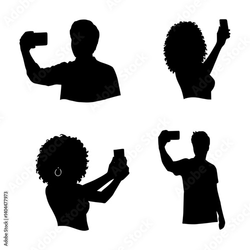 set silhouettes of people taking selfies on isolated background