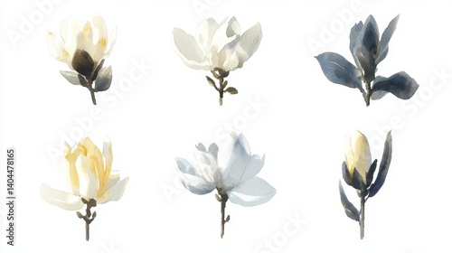 A serene collection showcases six watercolor Magnolia blossoms, each subtly unique Delicate brushstrokes capture the ethereal beauty, presenting the flowers in various poses, from budding beginnings