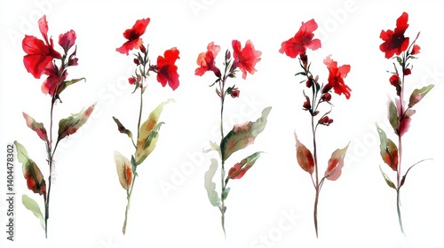 A set of delicate watercolor Snapdragon illustrations are presented, each capturing the flower in unique and expressive poses The brushstrokes evoke a sense of softness and movement, while the color