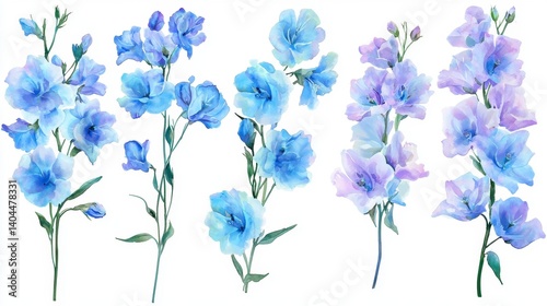 A set of six watercolor paintings captures the delicate beauty of Delphinium flowers in various poses Each piece showcases the intricate details and vibrant colors of these stunning blooms The