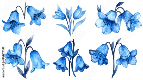 A set of six watercolor paintings depicts Bluebell flowers in various poses, each showcasing the delicate beauty of these blossoms The artist's skillful use of watercolor techniques brings out the
