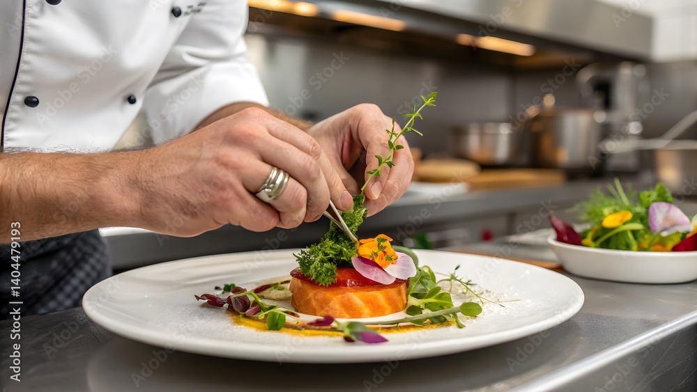 Focused image of a chef adding final touches to a plated dish, showcasing culinary artistry. Perfect for gourmet food advertisements, restaurant branding, and culinary publications. Focused image of a chef adding final touches to a plated dish, showcasing culinary artistry. Perfect for gourmet food advertisements, restaurant branding, and culinary publications.