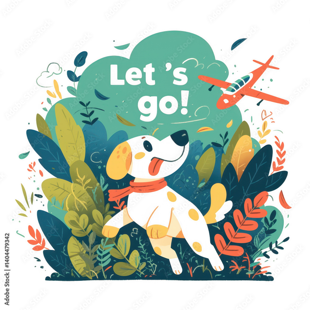 Fototapeta premium Playful dog adventure outdoors hand-drawn illustration vibrant nature upbeat perspective let's go concept