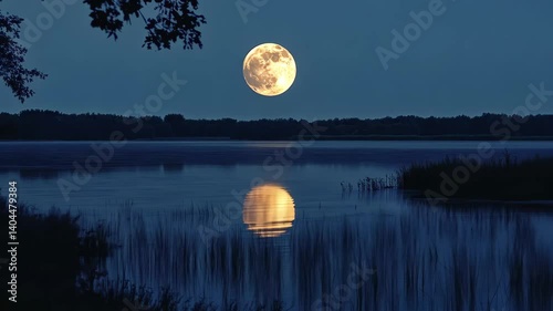 Majestic full moon reflecting on a calm lake at night in serene nature setting, full moon at night at lake video