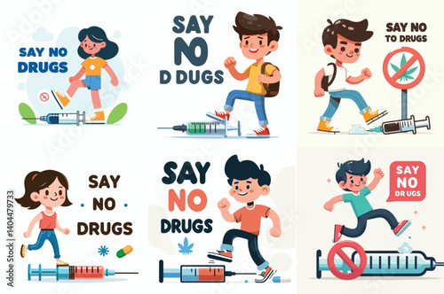 anti-drug poster, teenager stepping on a syringe, with the words "say no to drugs"