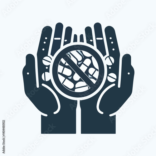 open hand vector with prohibition symbol on drug pills