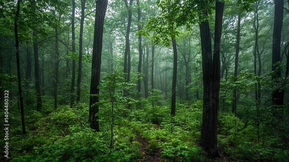 Naklejka premium Misty forest trail, lush greenery, rain, peaceful background, nature photography