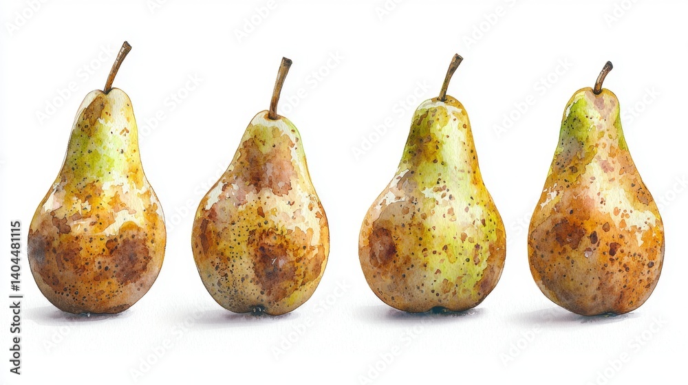 Delicate watercolor depictions showcase the pear in a series of artful poses, highlighting its simple beauty, the subtle shades, and the organic curves that define it Each pear, a study in light and Delicate watercolor depictions showcase the pear in a series of artful poses, highlighting its simple beauty, the subtle shades, and the organic curves that define it Each pear, a study in light and