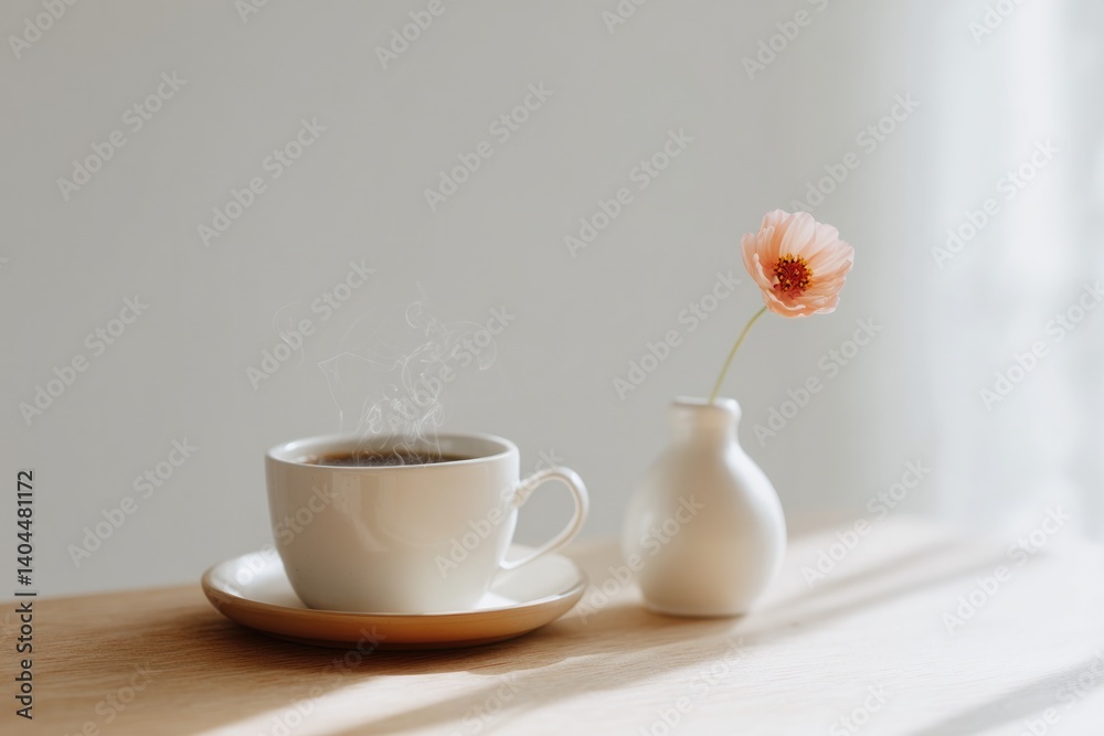 Fototapeta premium cozy café table set with steaming coffee cup and single flower in vase placed neatly against light backdrop