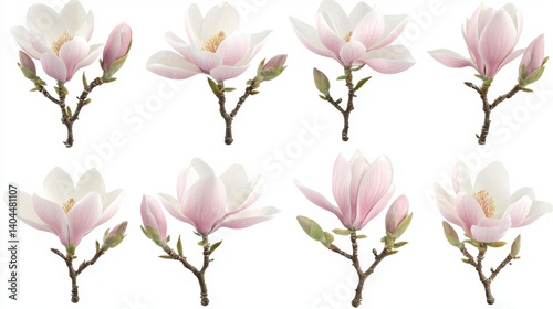 Delicate magnolia blossoms unfurl their velvety petals, capturing the essence of springtime beauty Each watercolor rendering showcases the flower in various stages of bloom, from tightly closed buds