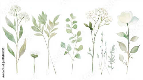 Delicate watercolor illustrations capture the ethereal beauty of Queen Anne's Lace Six unique floral compositions showcase the plant's intricate details and subtle color variations From budding stems