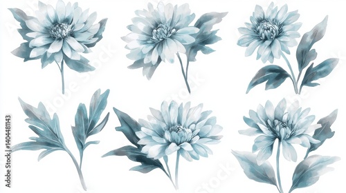 Delicate watercolor illustrations showcase the ethereal beauty of Edelweiss flowers in a variety of captivating poses Each bloom is rendered with soft, diffused colors, creating a serene and