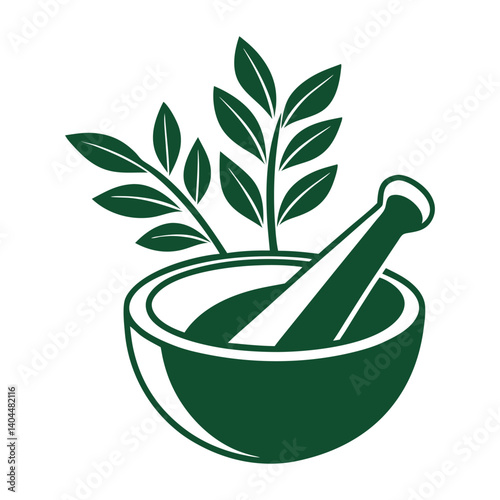 Green Minimalist Mortar and Pestle Logo with Herbal Leaves in Circular Design Representing Organic Medicine and Holistic Wellness Branding