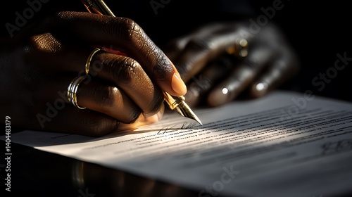 Close up of African American hands signing a legal document with a gold pen Important contract signing