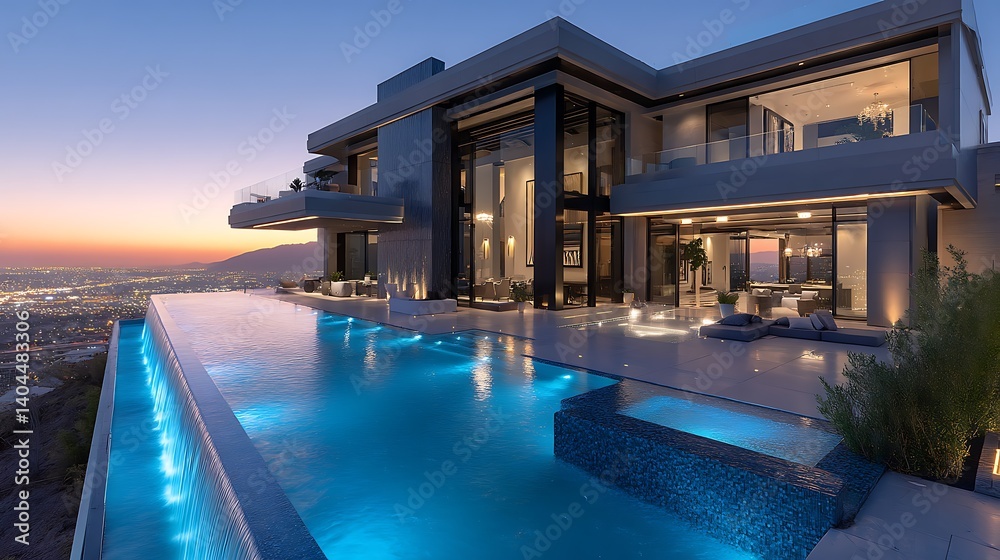 Fototapeta premium Modern Luxury Hilltop Home with Infinity Pool and Stunning City View at Dusk